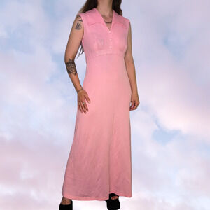 60s 70s Vtg Boho Mod Light Pink Long Maxi Empire Waist Wing Collared Dress Sz Md